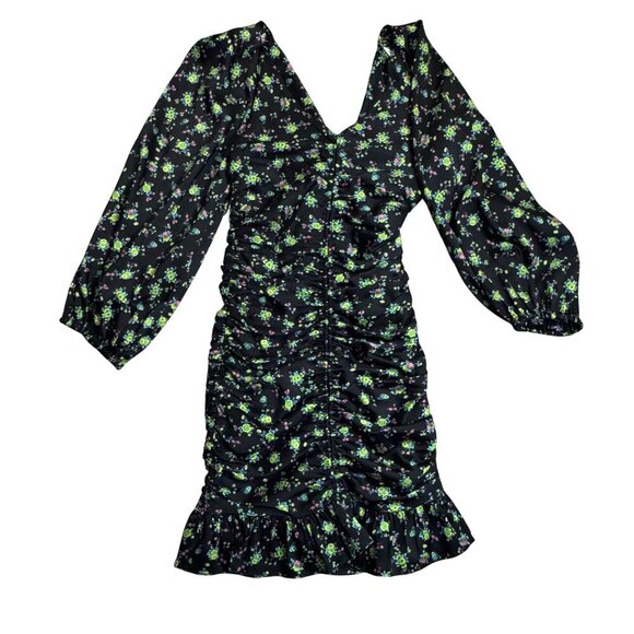 Sandro Ruched Mini Novalee V Neck Floral Dress Size 34 XS NWT Slim Fit MSRP $415 - Picture 2 of 9
